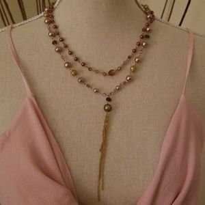 Pink pearl and beads tassle necklace
